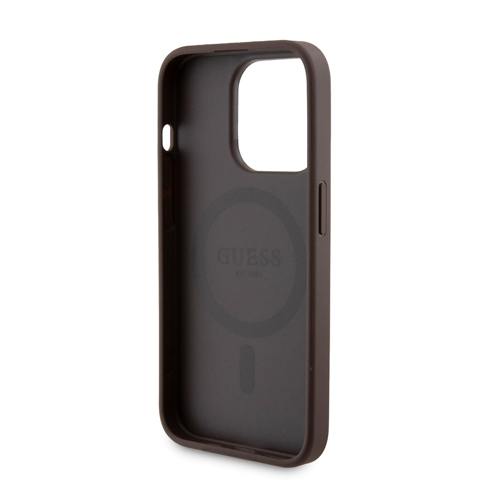 Husa MagSafe pentru Apple iPhone 15 Pro, Guess, Powerbank 4G Metal Logo, Maro