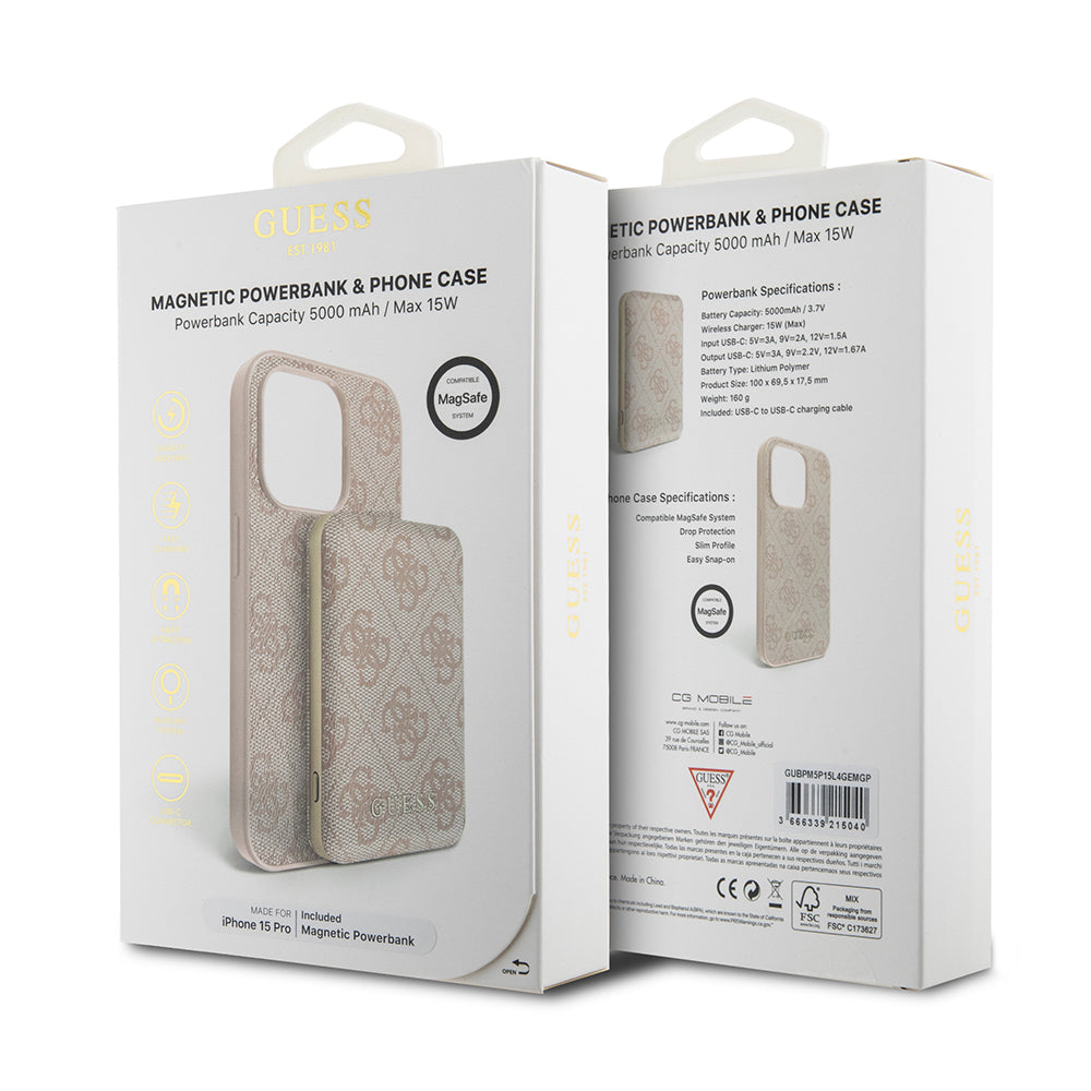 Husa MagSafe pentru Apple iPhone 15 Pro, Guess, Powerbank 4G Metal Logo, Roz