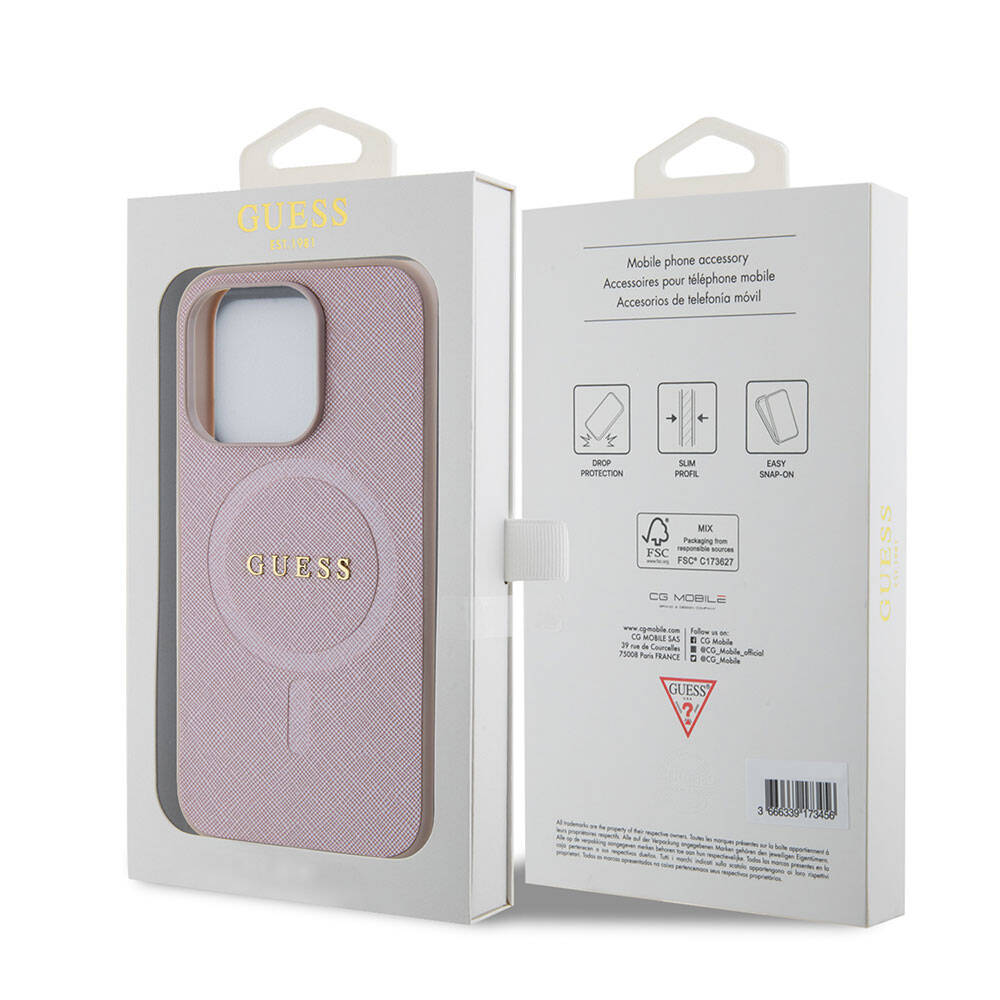 Husa MagSafe pentru Apple iPhone 15 Pro, Guess, Saffiano, Roz