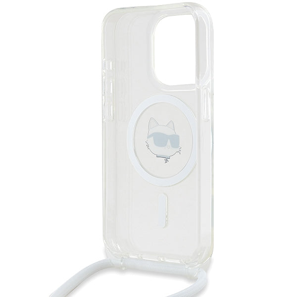 Husa MagSafe pentru Apple iPhone 15 Pro, Karl Lagerfeld, IML Crossbody Choupette's Head with Strap, Transparenta