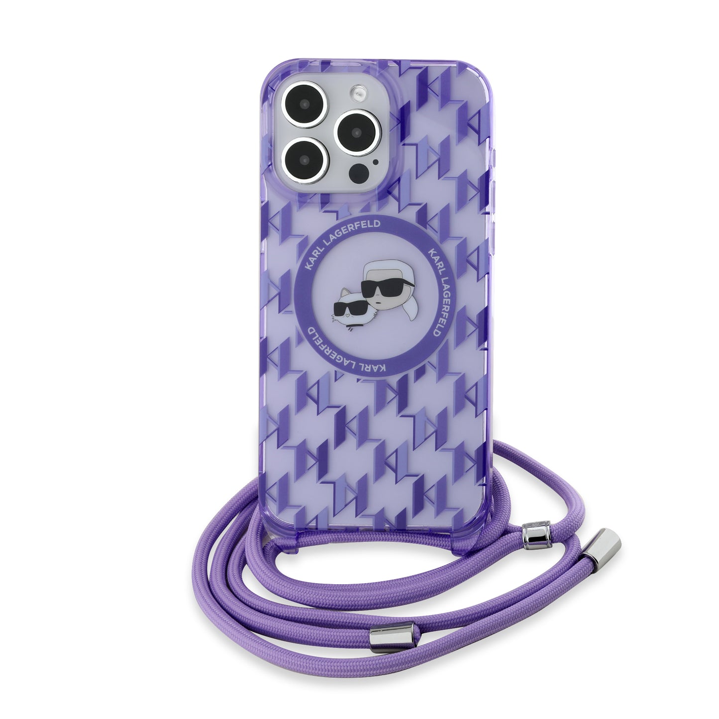 Husa MagSafe pentru Apple iPhone 15 Pro, Karl Lagerfeld, IML Crossbody Monogram Karl & Choupette's Heads, Mov