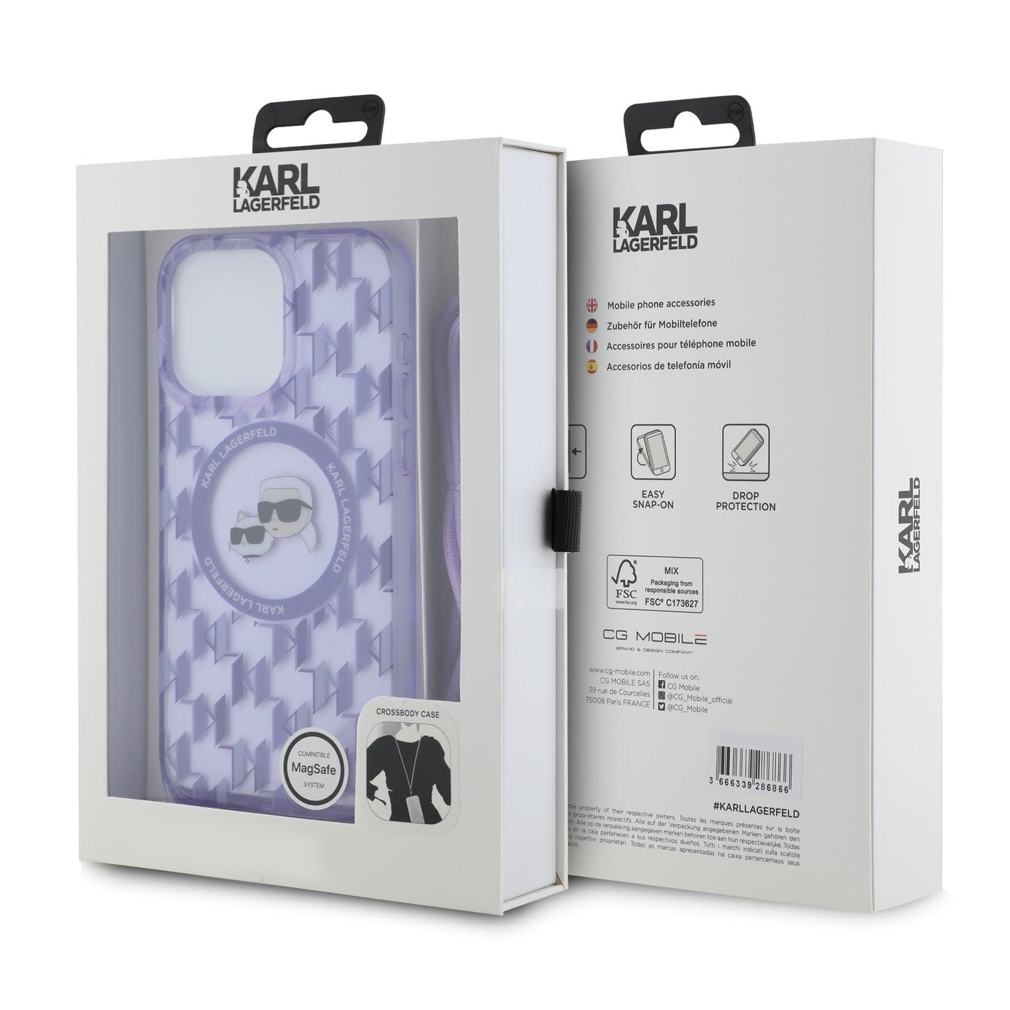 Husa MagSafe pentru Apple iPhone 15 Pro, Karl Lagerfeld, IML Crossbody Monogram Karl & Choupette's Heads, Mov