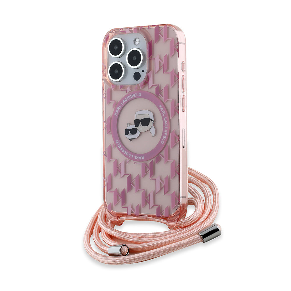 Husa MagSafe pentru Apple iPhone 15 Pro, Karl Lagerfeld, IML Crossbody Monogram Karl & Choupette's Heads, Roz