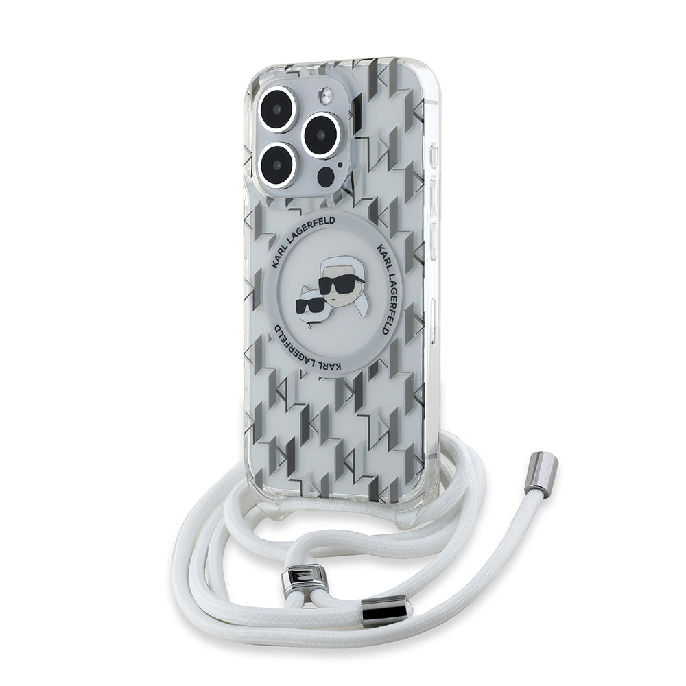 Husa MagSafe pentru Apple iPhone 15 Pro, Karl Lagerfeld, IML Crossbody Monogram Karl & Choupette's Heads, Transparenta