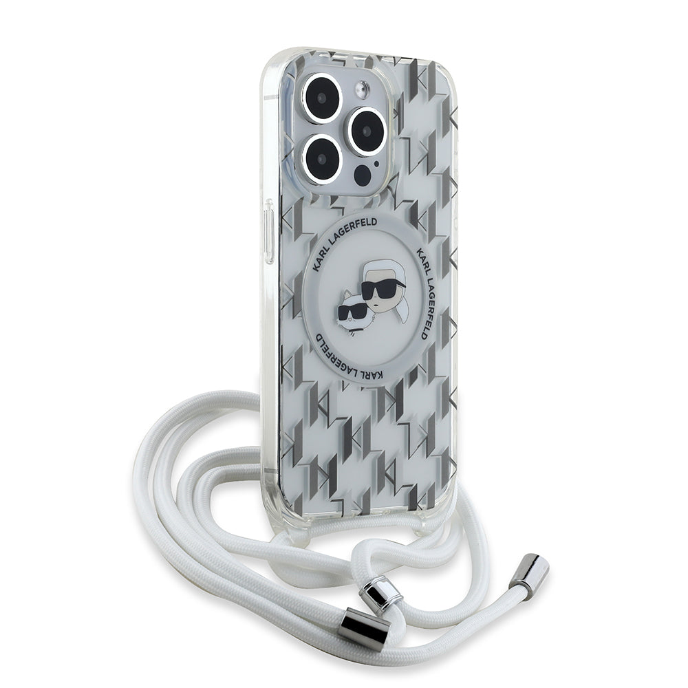 Husa MagSafe pentru Apple iPhone 15 Pro, Karl Lagerfeld, IML Crossbody Monogram Karl & Choupette's Heads, Transparenta