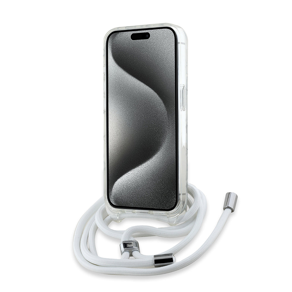 Husa MagSafe pentru Apple iPhone 15 Pro, Karl Lagerfeld, IML Crossbody Monogram Karl & Choupette's Heads, Transparenta