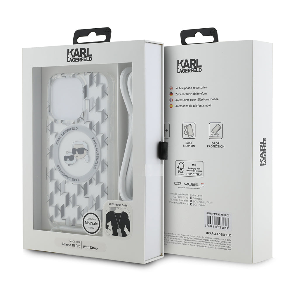 Husa MagSafe pentru Apple iPhone 15 Pro, Karl Lagerfeld, IML Crossbody Monogram Karl & Choupette's Heads, Transparenta