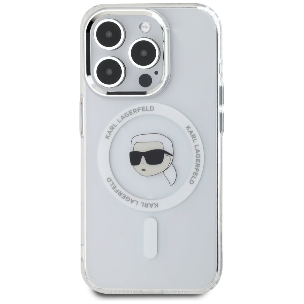 Husa MagSafe pentru Apple iPhone 15 Pro, Karl Lagerfeld, IML Metal Karl's Head, Alba