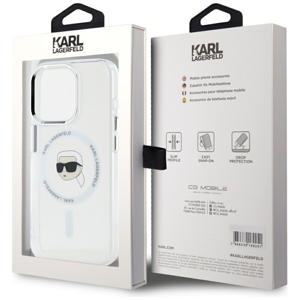 Husa MagSafe pentru Apple iPhone 15 Pro, Karl Lagerfeld, IML Metal Karl's Head, Alba