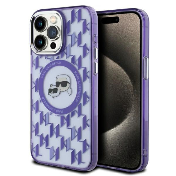 Husa MagSafe pentru Apple iPhone 15 Pro, Karl Lagerfeld, IML Monogram Karl & Choupette's Heads, Mov