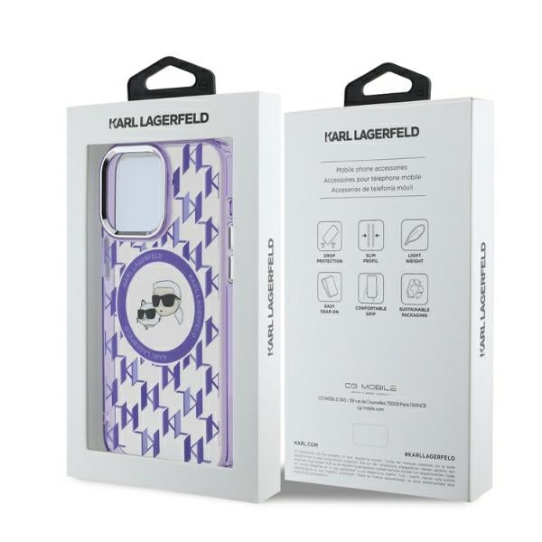 Husa MagSafe pentru Apple iPhone 15 Pro, Karl Lagerfeld, IML Monogram Karl & Choupette's Heads, Mov