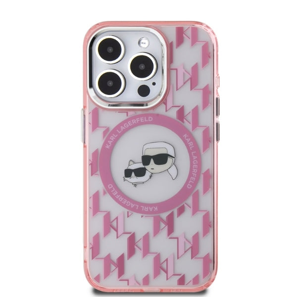 Husa MagSafe pentru Apple iPhone 15 Pro, Karl Lagerfeld, IML Monogram Karl & Choupette's Heads, Roz
