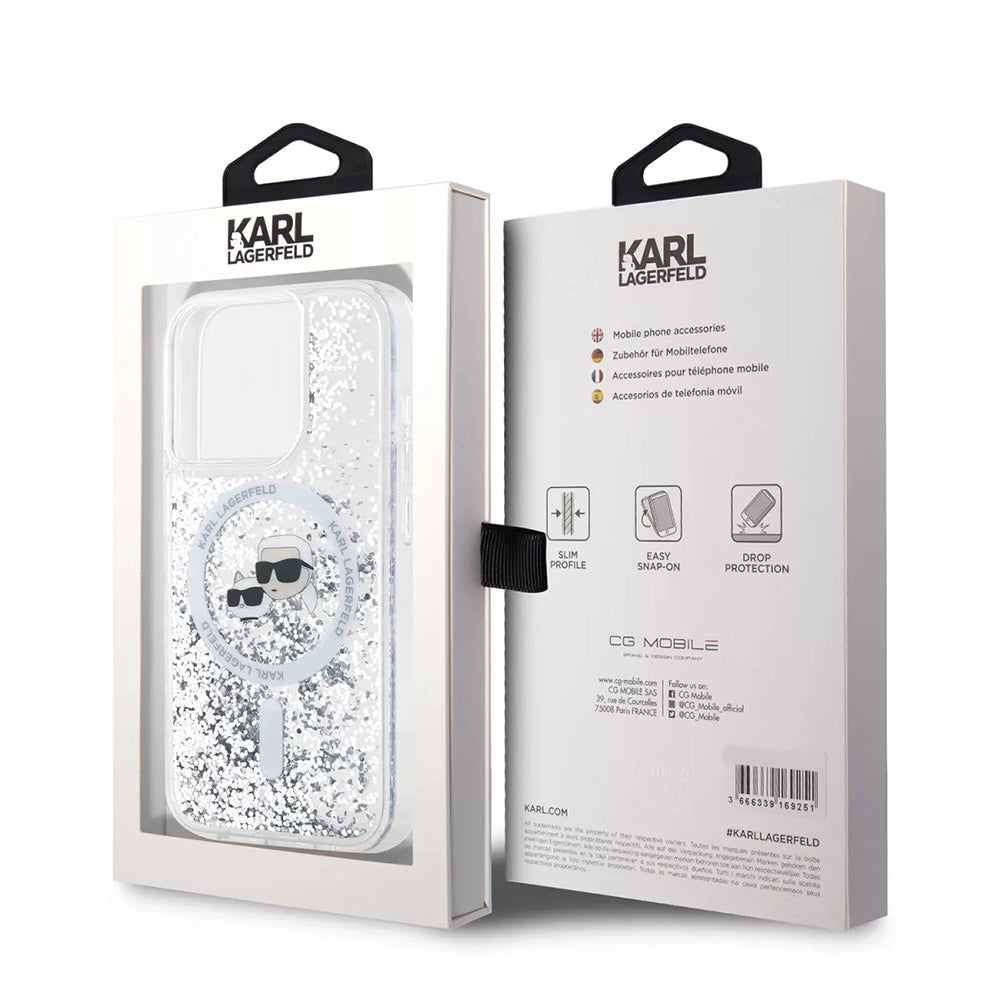 Husa MagSafe pentru Apple iPhone 15 Pro, Karl Lagerfeld, Liquid Glitter Karl & Choupette's Heads, Transparenta