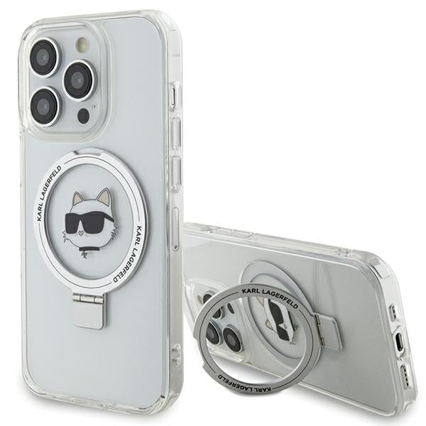 Husa MagSafe pentru Apple iPhone 15 Pro, Karl Lagerfeld, Ring Stand Choupette's Head, Alba