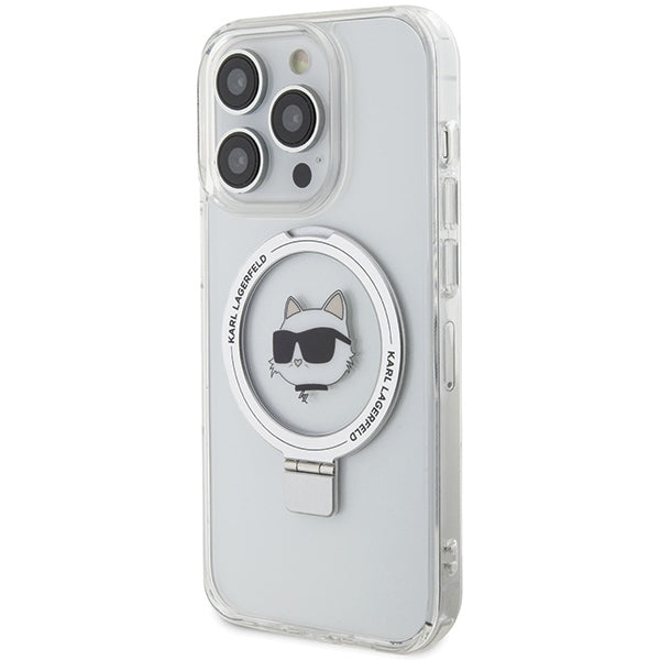 Husa MagSafe pentru Apple iPhone 15 Pro, Karl Lagerfeld, Ring Stand Choupette's Head, Alba
