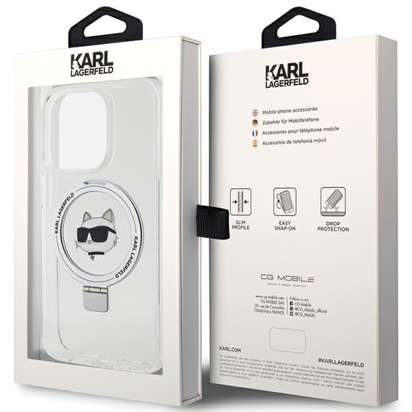 Husa MagSafe pentru Apple iPhone 15 Pro, Karl Lagerfeld, Ring Stand Choupette's Head, Alba