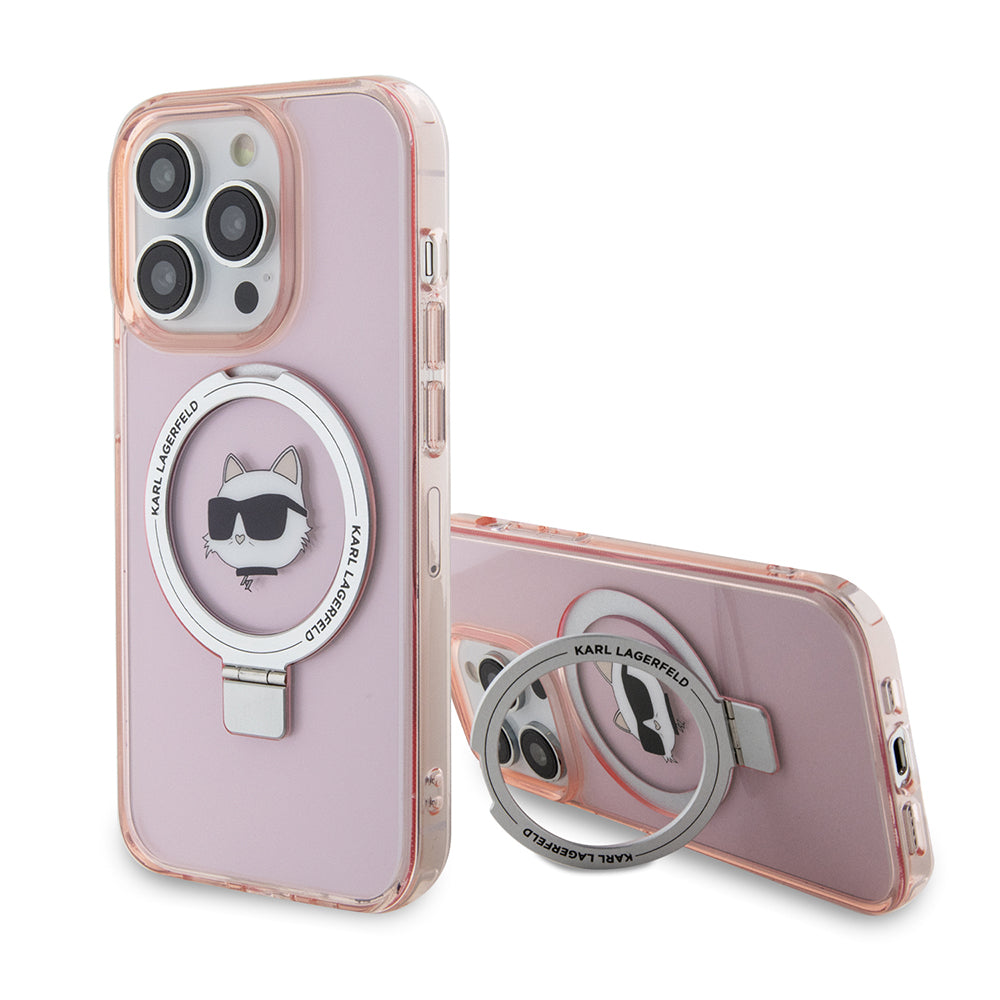 Husa MagSafe pentru Apple iPhone 15 Pro, Karl Lagerfeld, Ring Stand Choupette's Head, Roz