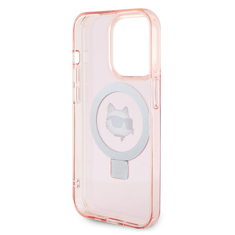 Husa MagSafe pentru Apple iPhone 15 Pro, Karl Lagerfeld, Ring Stand Choupette's Head, Roz