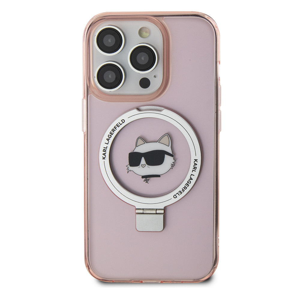 Husa MagSafe pentru Apple iPhone 15 Pro, Karl Lagerfeld, Ring Stand Choupette's Head, Roz