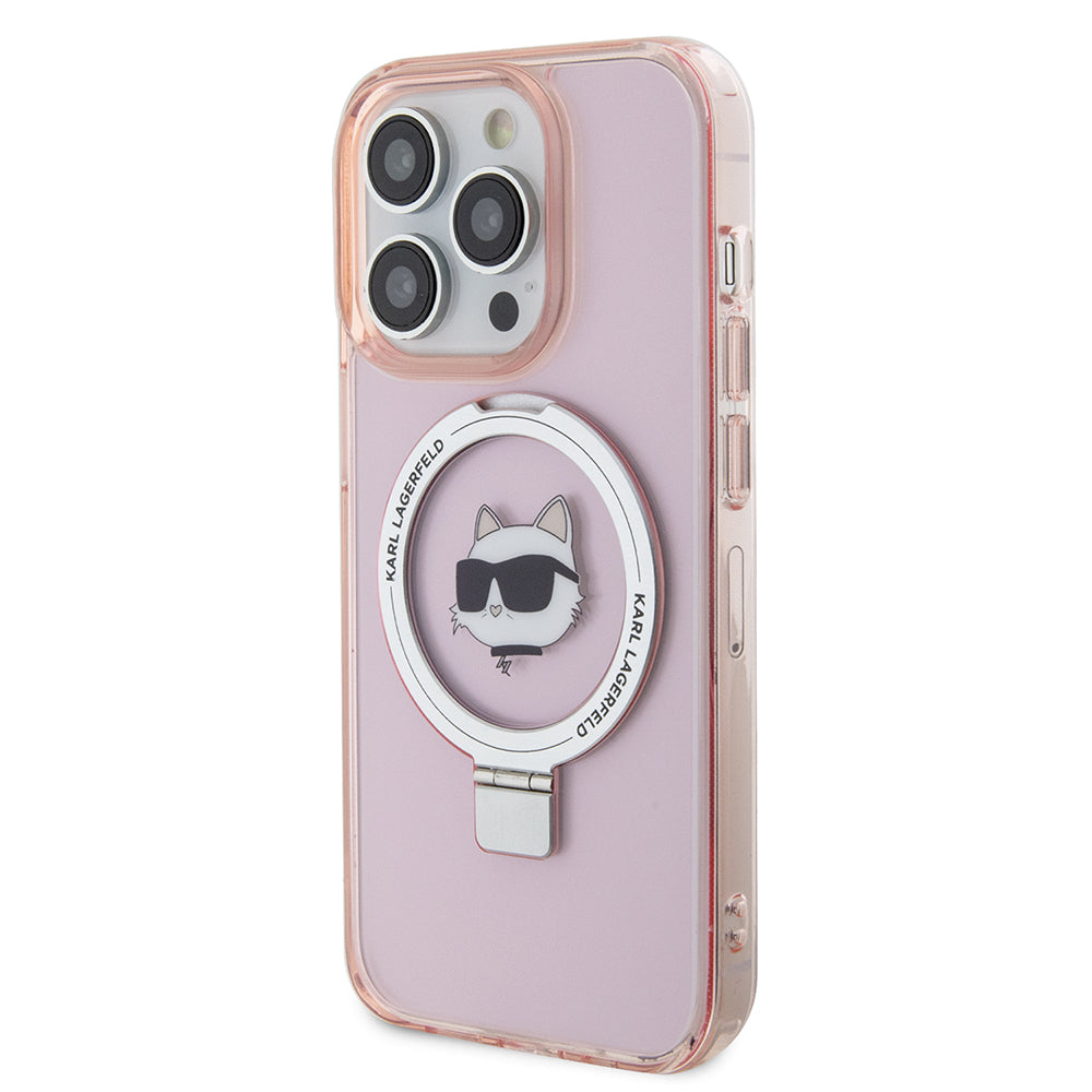 Husa MagSafe pentru Apple iPhone 15 Pro, Karl Lagerfeld, Ring Stand Choupette's Head, Roz