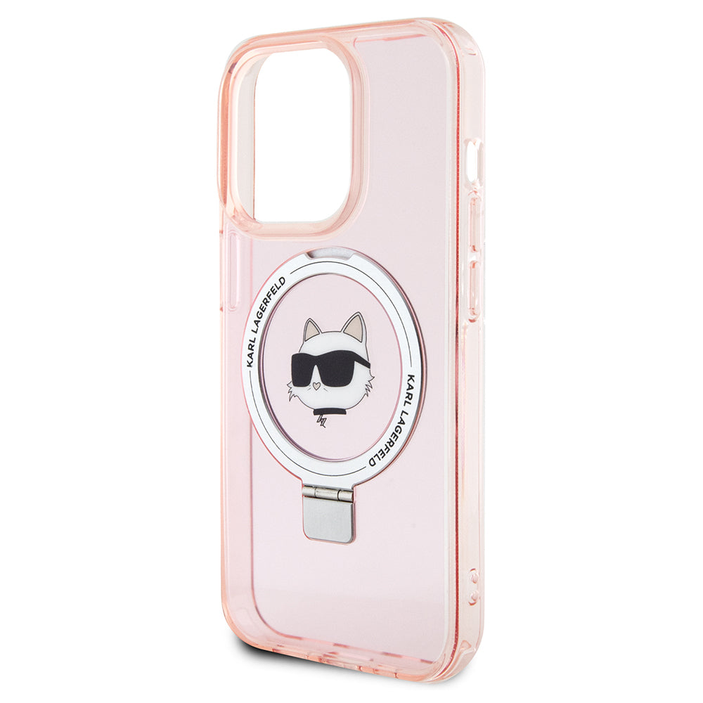 Husa MagSafe pentru Apple iPhone 15 Pro, Karl Lagerfeld, Ring Stand Choupette's Head, Roz