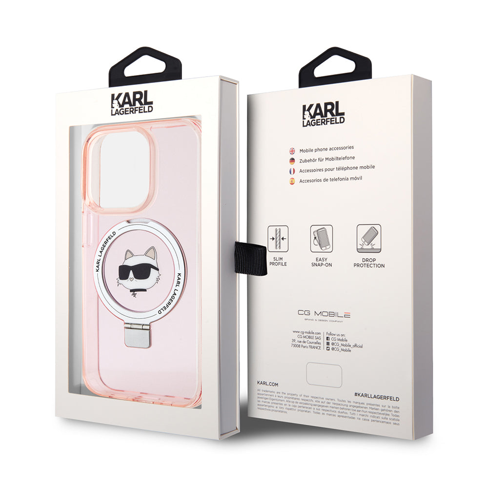Husa MagSafe pentru Apple iPhone 15 Pro, Karl Lagerfeld, Ring Stand Choupette's Head, Roz