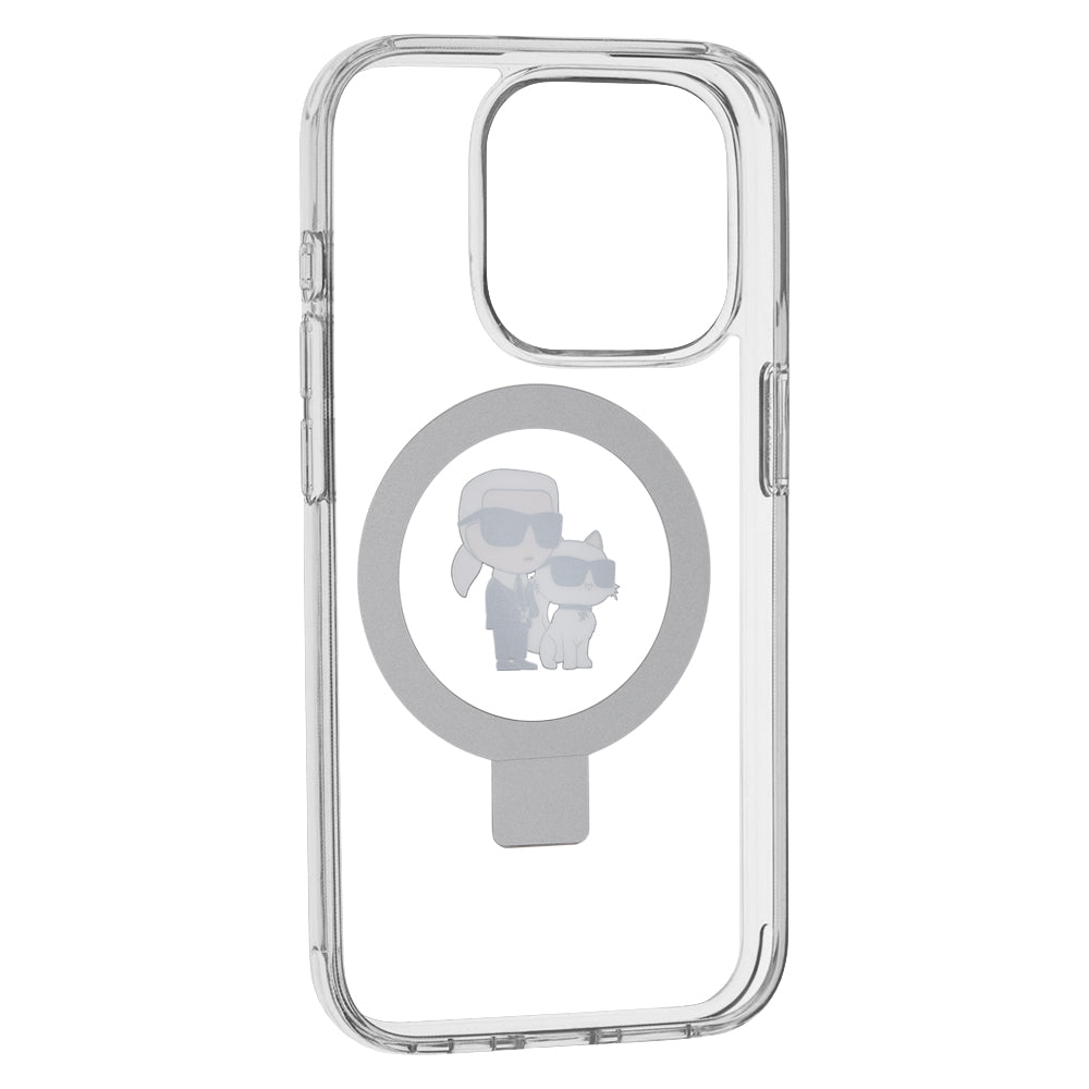 Husa MagSafe pentru Apple iPhone 15 Pro, Karl Lagerfeld, Ring Stand Karl & Choupette, Alba