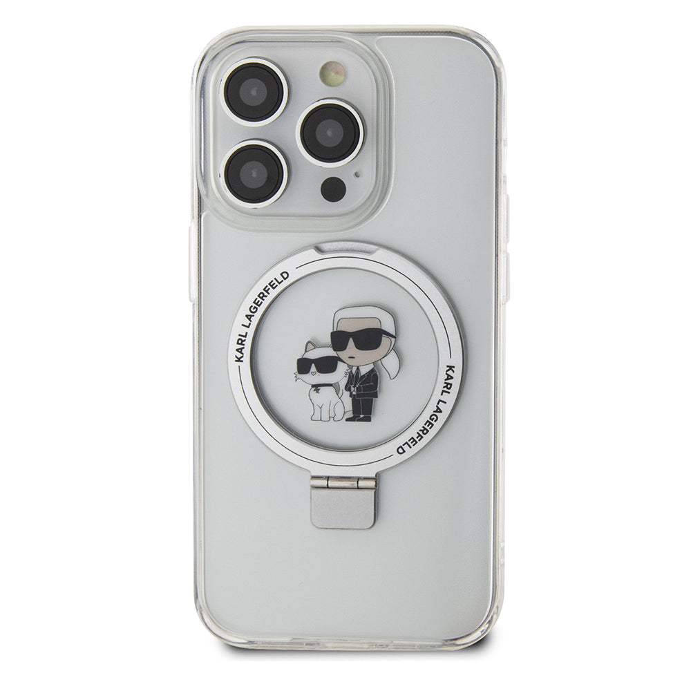 Husa MagSafe pentru Apple iPhone 15 Pro, Karl Lagerfeld, Ring Stand Karl & Choupette, Alba