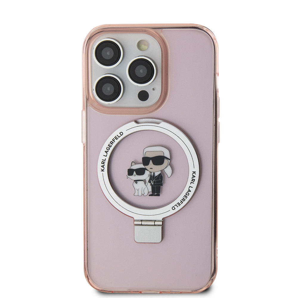 Husa MagSafe pentru Apple iPhone 15 Pro, Karl Lagerfeld, Ring Stand Karl & Choupette, Roz