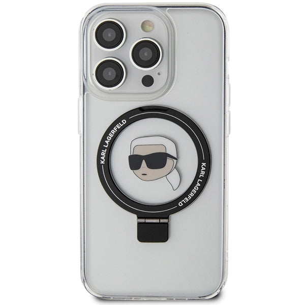 Husa MagSafe pentru Apple iPhone 15 Pro, Karl Lagerfeld, Ring Stand Karl's Head, Alba