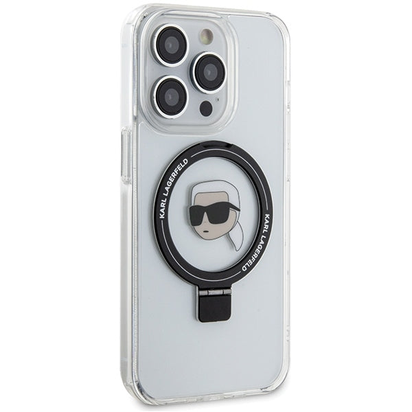 Husa MagSafe pentru Apple iPhone 15 Pro, Karl Lagerfeld, Ring Stand Karl's Head, Alba