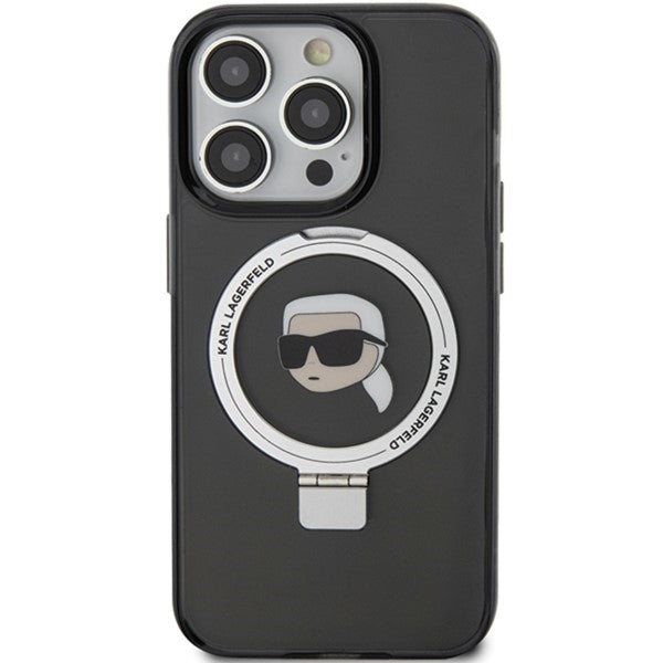 Husa MagSafe pentru Apple iPhone 15 Pro, Karl Lagerfeld, Ring Stand Karl's Head, Neagra