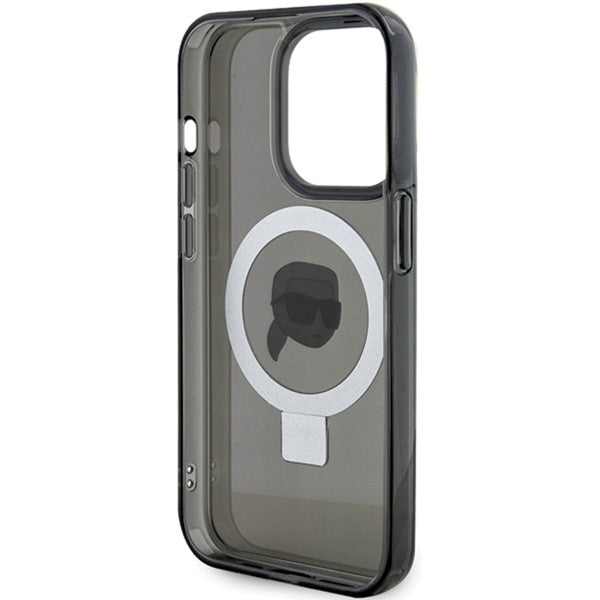 Husa MagSafe pentru Apple iPhone 15 Pro, Karl Lagerfeld, Ring Stand Karl's Head, Neagra