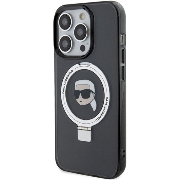 Husa MagSafe pentru Apple iPhone 15 Pro, Karl Lagerfeld, Ring Stand Karl's Head, Neagra