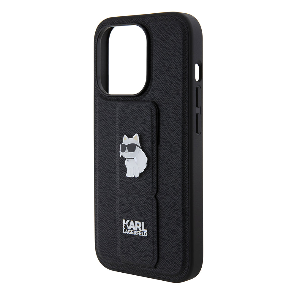 Husa MagSafe pentru Apple iPhone 15 Pro, Karl Lagerfeld, Saffiano Gripstand Choupette, Neagra
