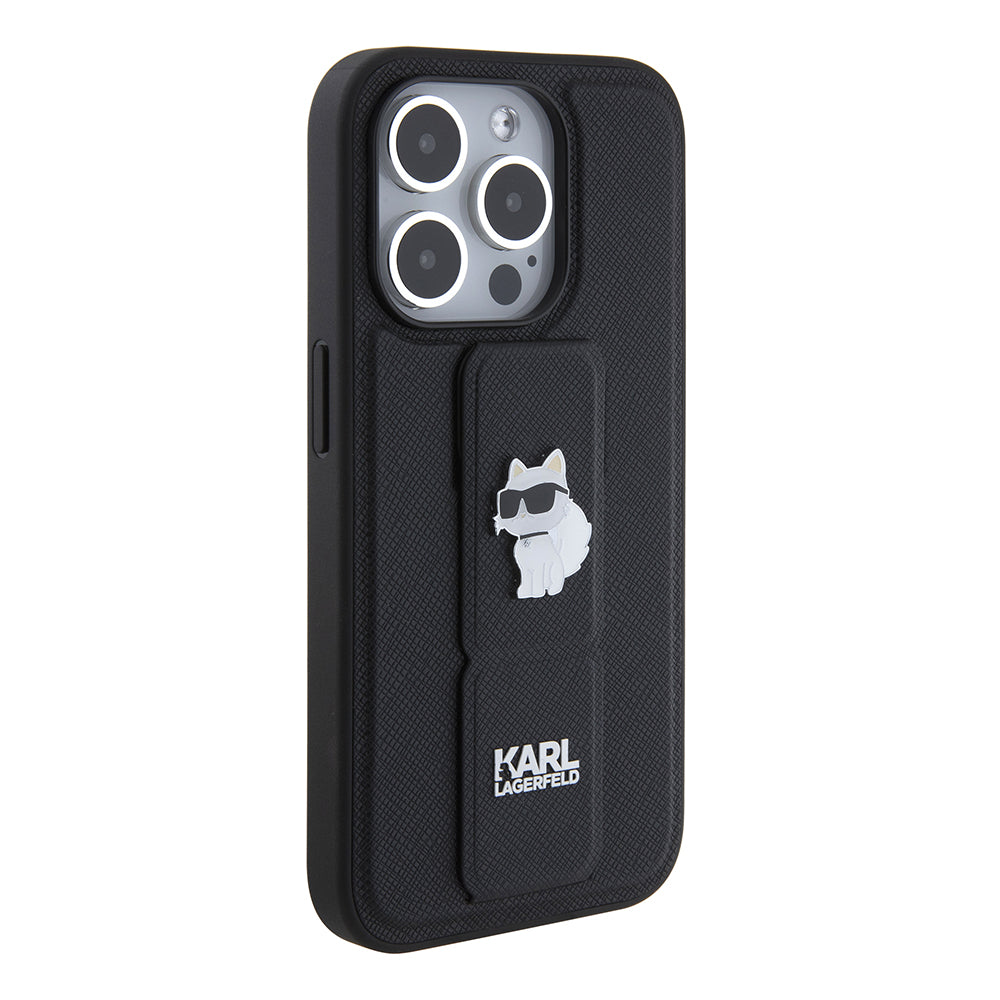 Husa MagSafe pentru Apple iPhone 15 Pro, Karl Lagerfeld, Saffiano Gripstand Choupette, Neagra