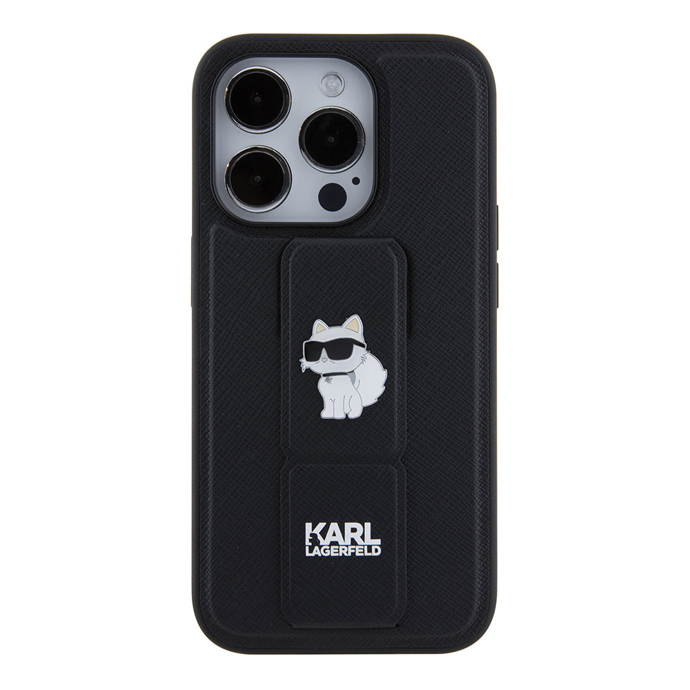 Husa MagSafe pentru Apple iPhone 15 Pro, Karl Lagerfeld, Saffiano Gripstand Choupette, Neagra