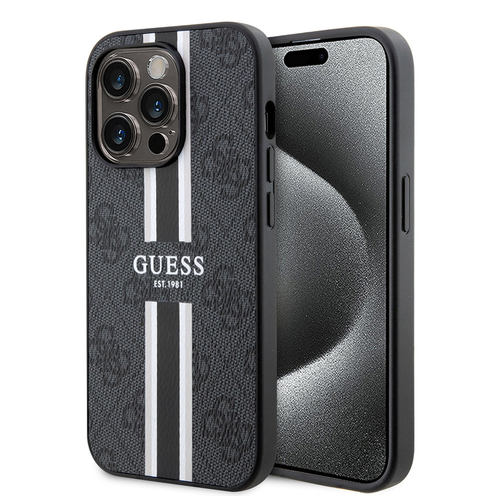 Husa MagSafe pentru Apple iPhone 15 Pro Max, Guess, 4G Printed Stripes, Neagra