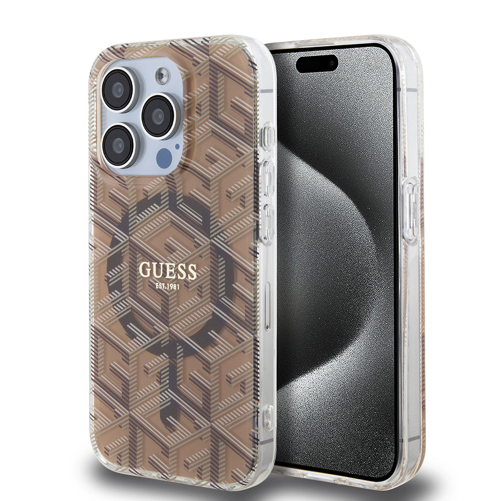 Husa MagSafe pentru Apple iPhone 15 Pro Max, Guess, IML Gcube, Maro