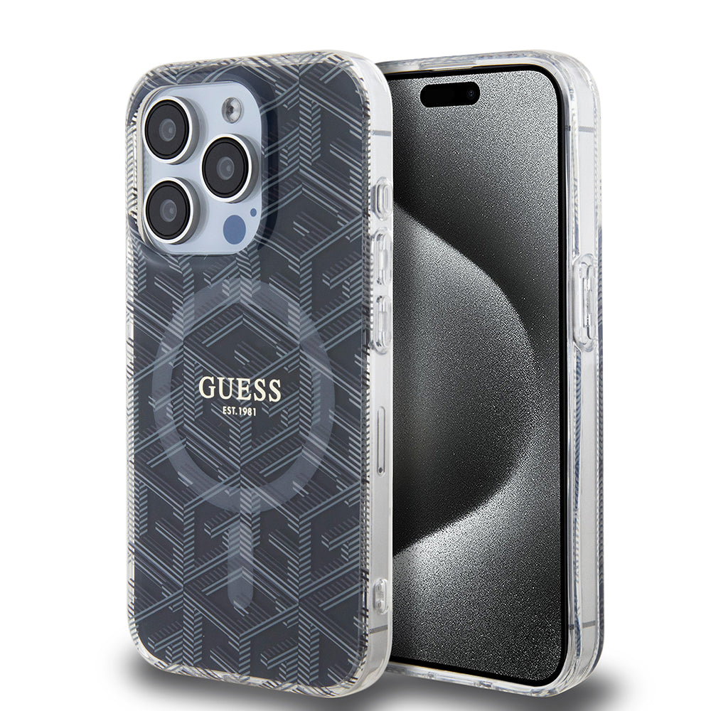 Husa MagSafe pentru Apple iPhone 15 Pro Max, Guess, IML Gcube, Neagra