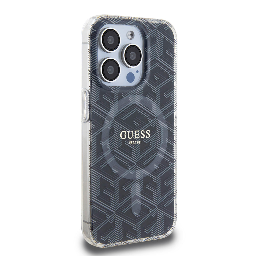 Husa MagSafe pentru Apple iPhone 15 Pro Max, Guess, IML Gcube, Neagra