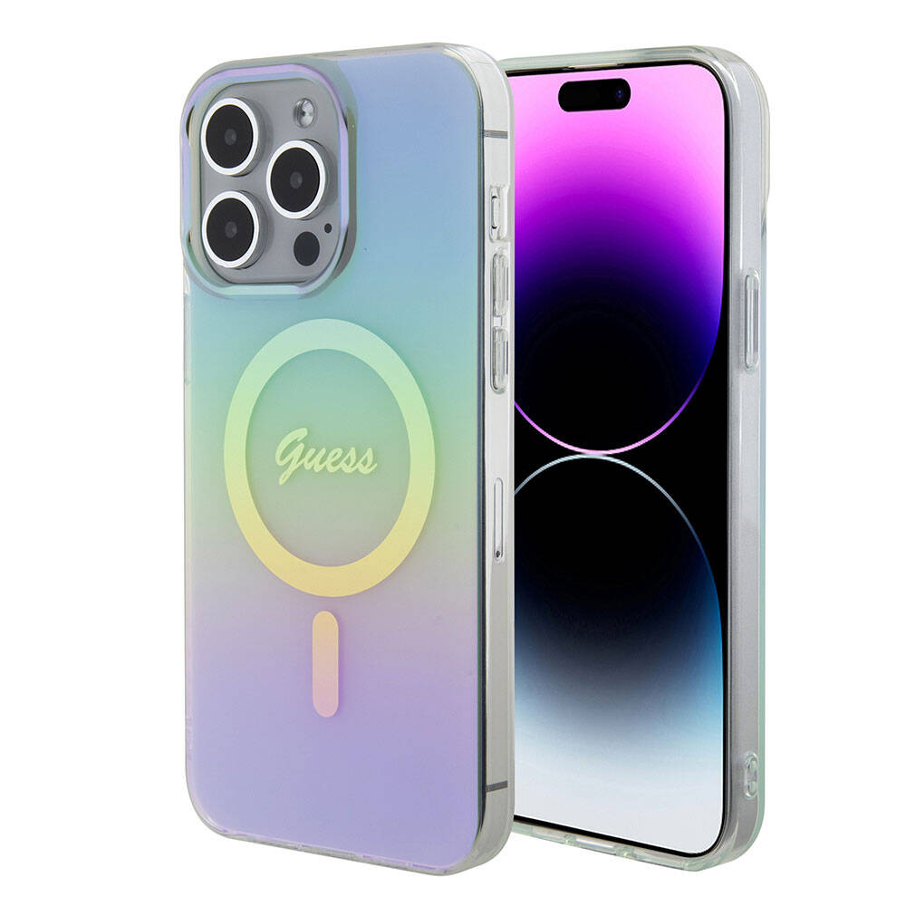 Husa MagSafe pentru Apple iPhone 15 Pro Max, Guess, IML Iridescent, Turcoaz