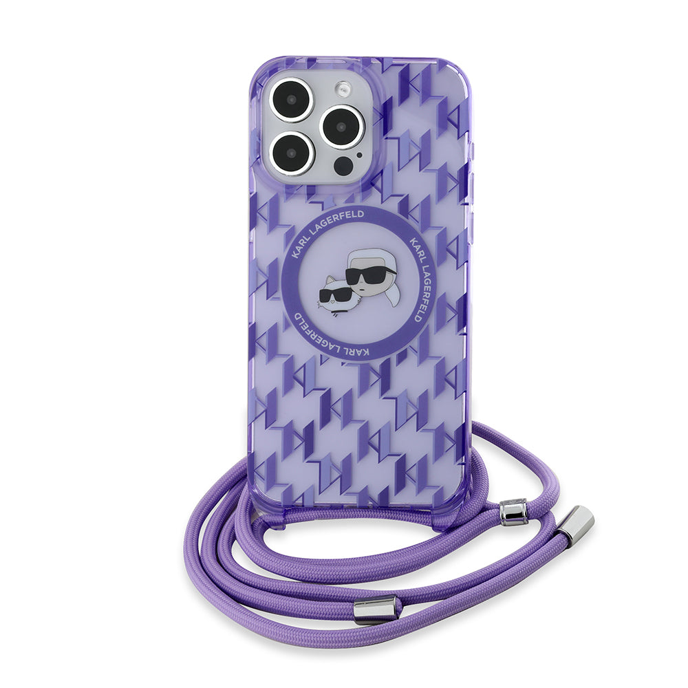 Husa MagSafe pentru Apple iPhone 15 Pro Max, Karl Lagerfeld, IML Crossbody Monogram Karl & Choupette's Heads, Mov