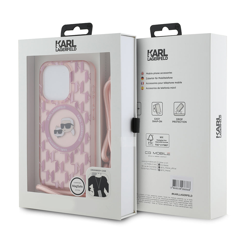 Husa MagSafe pentru Apple iPhone 15 Pro Max, Karl Lagerfeld, IML Crossbody Monogram Karl & Choupette's Heads, Roz