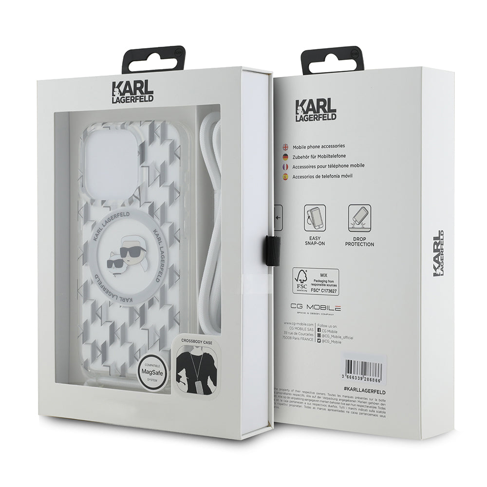 Husa MagSafe pentru Apple iPhone 15 Pro Max, Karl Lagerfeld, IML Crossbody Monogram Karl & Choupette's Heads, Transparenta