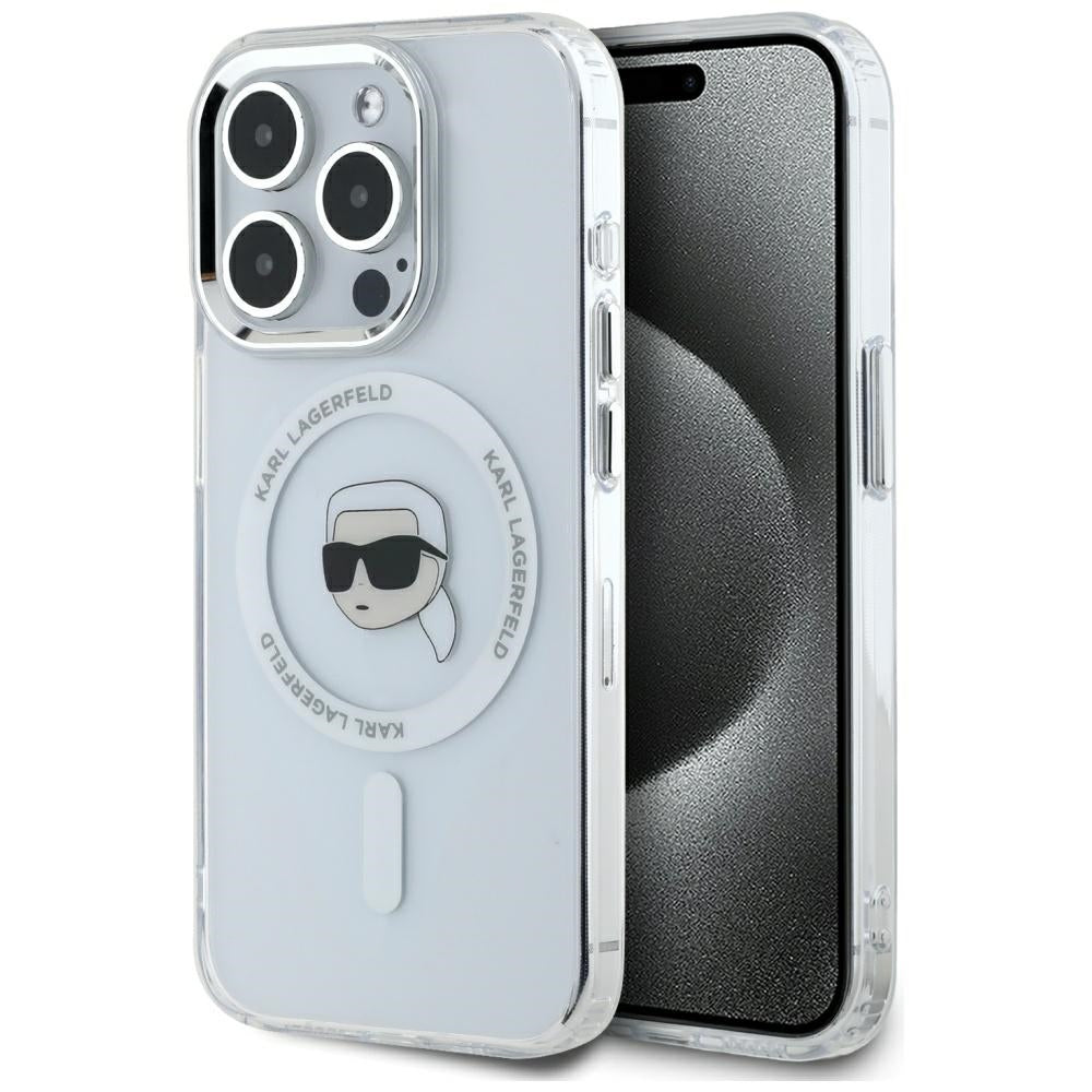 Husa MagSafe pentru Apple iPhone 15 Pro Max, Karl Lagerfeld, IML Metal Karl's Head, Alba