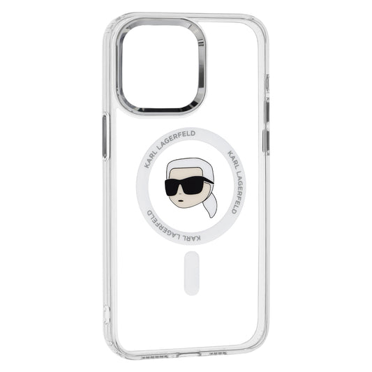 Husa MagSafe pentru Apple iPhone 15 Pro Max, Karl Lagerfeld, IML Metal Karl's Head, Alba
