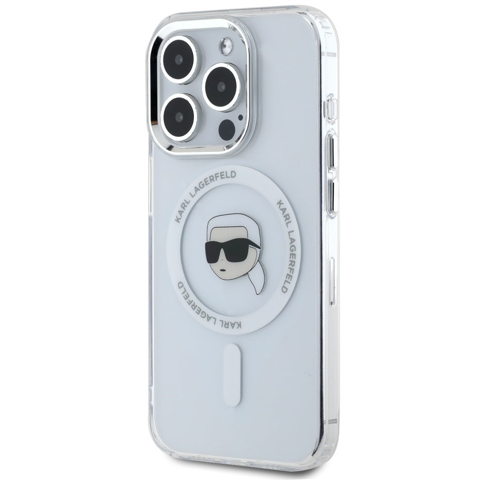 Husa MagSafe pentru Apple iPhone 15 Pro Max, Karl Lagerfeld, IML Metal Karl's Head, Alba