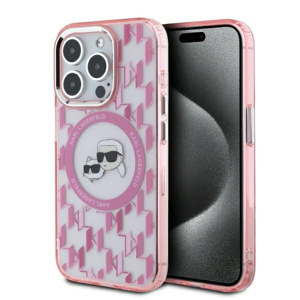 Husa MagSafe pentru Apple iPhone 15 Pro Max, Karl Lagerfeld, IML Monogram Karl & Choupette's Heads, Roz
