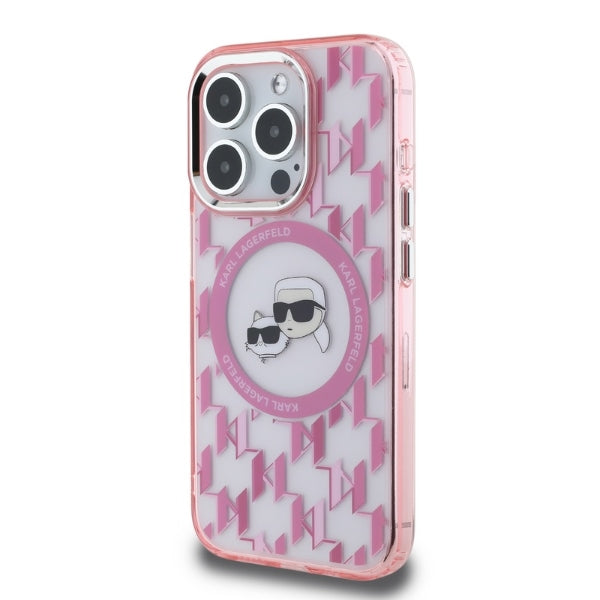 Husa MagSafe pentru Apple iPhone 15 Pro Max, Karl Lagerfeld, IML Monogram Karl & Choupette's Heads, Roz
